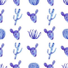 Seamless pattern with galaxy watercolor hand painted exotic cactus 