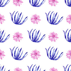 Seamless pattern with galaxy watercolor hand painted exotic cactus and pink flowers .