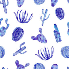 Seamless pattern with galaxy watercolor hand painted exotic cactus 