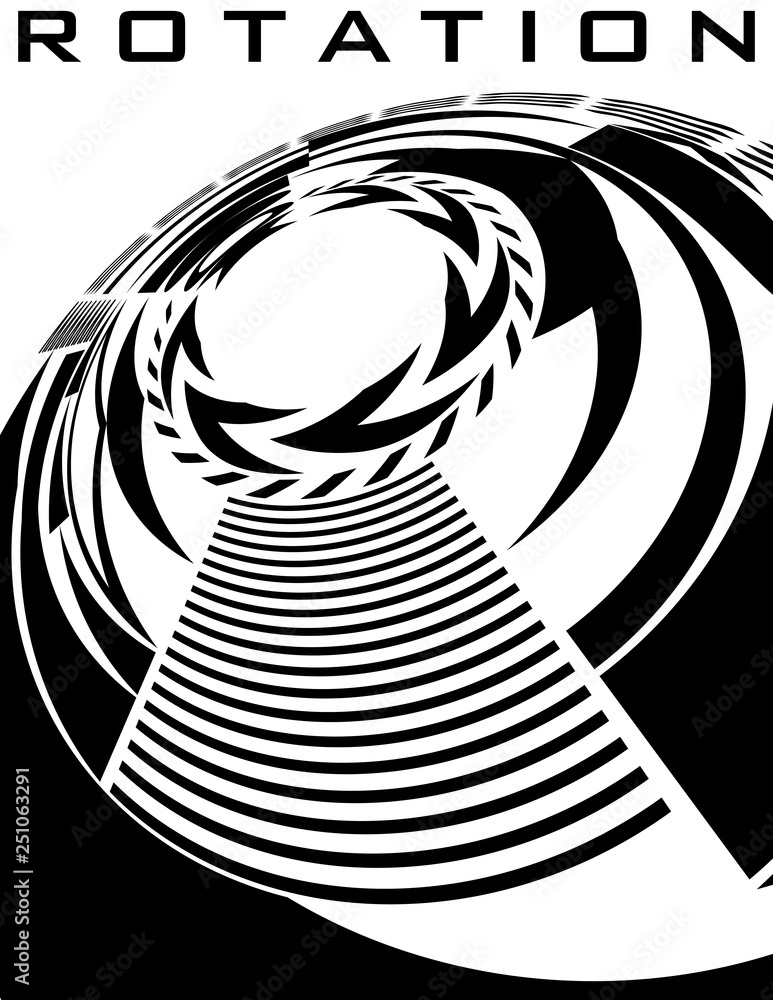 Poster Rotation. Black and whiteposter with rotating shapes. Vector graphics
