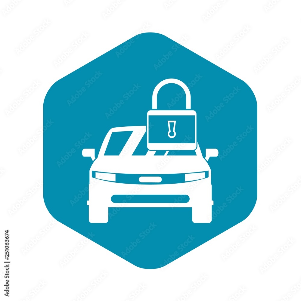Poster car with padlock icon in simple style isolated on white background