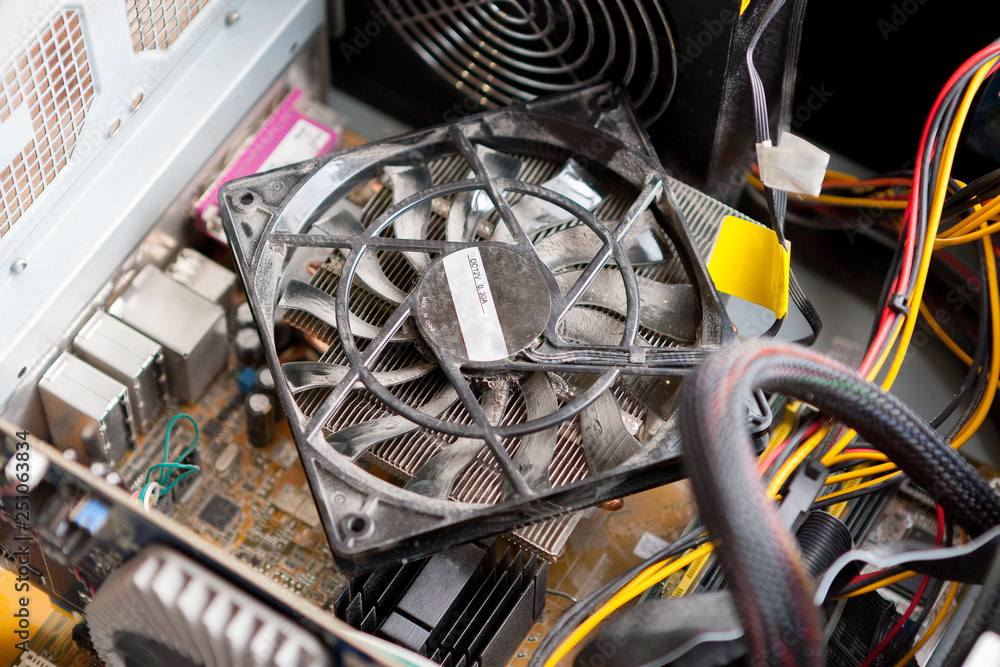 Aufkleber dusty desktop pc hardware. motherboard and another computer elements need to clean and fix.