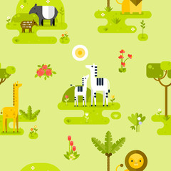 Beautiful seamless pattern with jungle animals. Vector flat illustration.