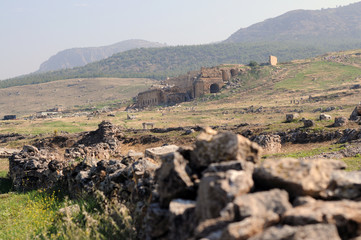 Travel in Turkey. Relaxation. Sarrinny remnants of buildings. Nature. Blue sky