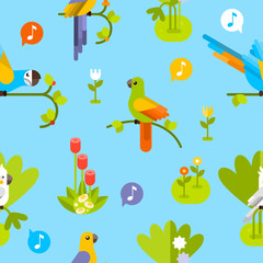 Beautiful seamless pattern with singing parrots. Vector flat illustration.