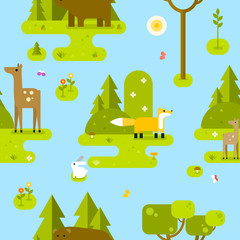 Beautiful seamless pattern with forest animals. Vector flat illustration.