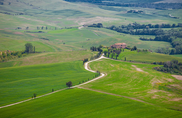 Fototapeta na wymiar PIENZA, ITALY - MAY 12, 2014: Beautiful typical countryside summer landscape, Tuscany
