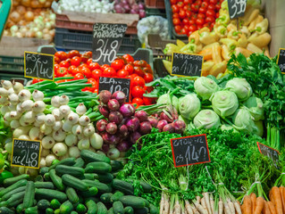 Sale of vegetables and fruit in bowls in the market