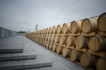  Wine barrels at the wine fair in the city of Bordeaux. France