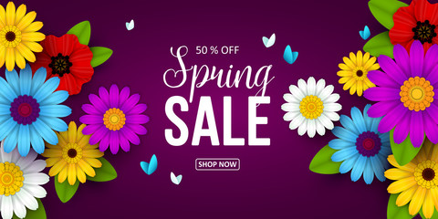 Spring sale background with beautiful flowers. Vector illustration