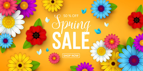Spring sale background with beautiful flowers. Vector illustration