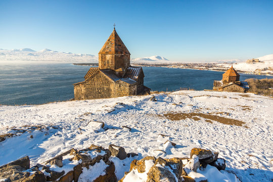 Armenia.Sevanavank temple complex on  Lake Sevan in winter day