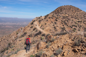 Woman hiking the King Canyon Trail in the Tucson Mountains area of Saguaro National Park, Arizona.