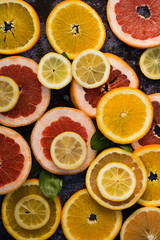 Various citrus fruits- orange- tangerine- grapefruit and lemon.