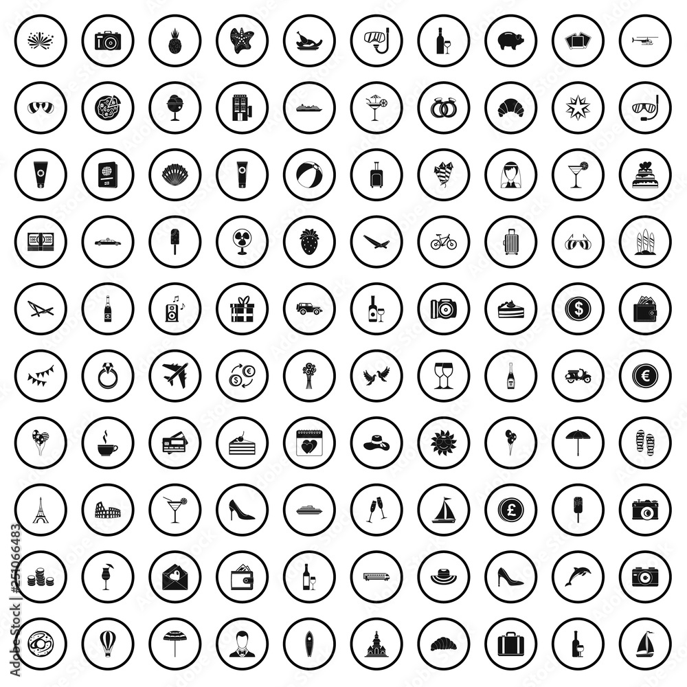 Poster 100 honeymoon icons set in simple style for any design vector illustration