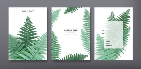 Floral trendy greeting or invitation card template design, set of poster, flyer, brochure, cover, party advertisement, dark green fern leaves in vector © wooster