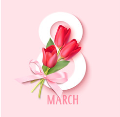 Womens Day 8 March design template. Decorative number eight with pink bow and red tulips. Vector illustration