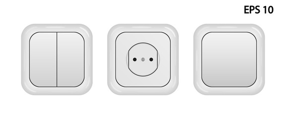 Vector realistic image of a socket and switches, white color, isolated on a white background. EPS 10.