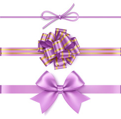 Set of decorative purple bows with horizontal ribbon isolated on white background. Vector illustration