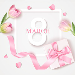 Womens Day 8 March design template. Decorative number eight with gift box and pink tulips. Vector illustration
