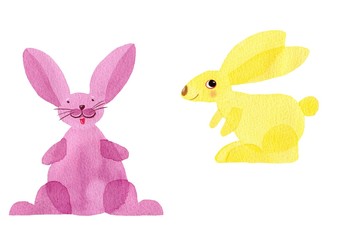 Bunny rabbit watercolor hand drawn set 
