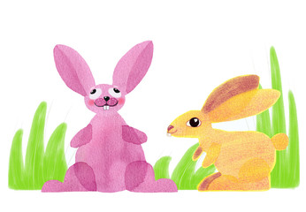 Bunny rabbit watercolor hand drawn set 