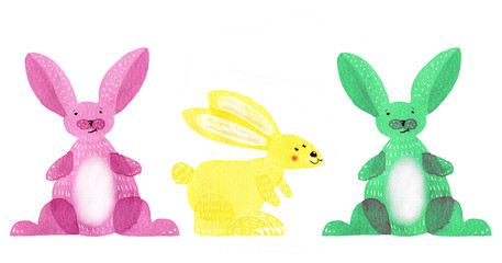 Bunny rabbit watercolor hand drawn set 