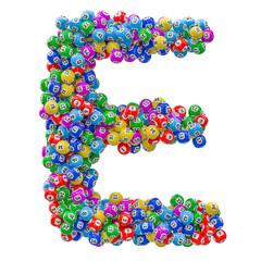 Alphabet letter E, from lottery balls. 3D rendering
