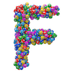 Alphabet letter F, from lottery balls. 3D rendering