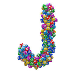 Alphabet letter J, from lottery balls. 3D rendering