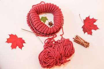 Red yarn ball. Colorful dry leaves. Cinnamon and cardomomon. White background.r