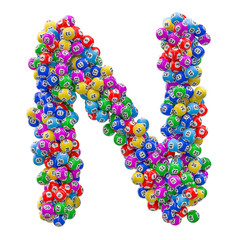 Alphabet letter N, from lottery balls. 3D rendering