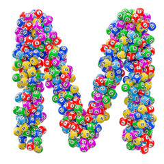 Alphabet letter M, from lottery balls. 3D rendering