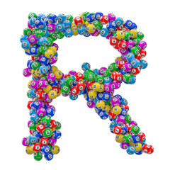 Alphabet letter R, from lottery balls. 3D rendering