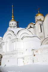Assumption church in Vladimir town, Russia, famous by its frescoes painted by Andrey Rublev. Popular landmark. Color photo.