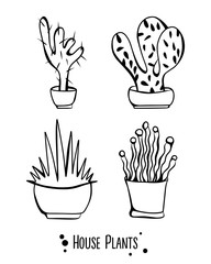 Cartoon style vector illustration of house plants with black lettering. Great design elements for sticker, card, print or poster. Unique and fun drawing isolated on white background. Doodle set