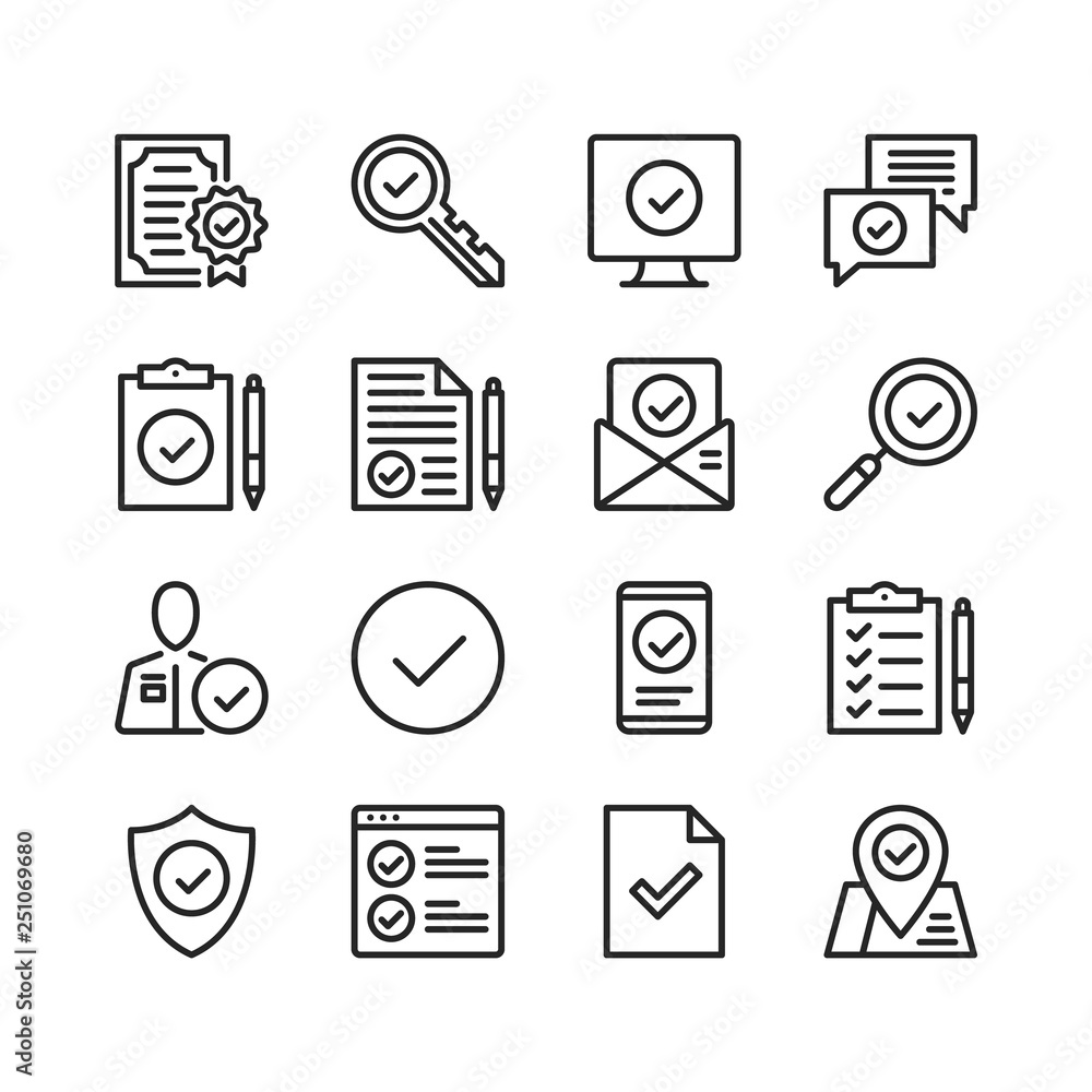Aufkleber checkmark icons set. pixel perfect. thin line design. vector line icons set