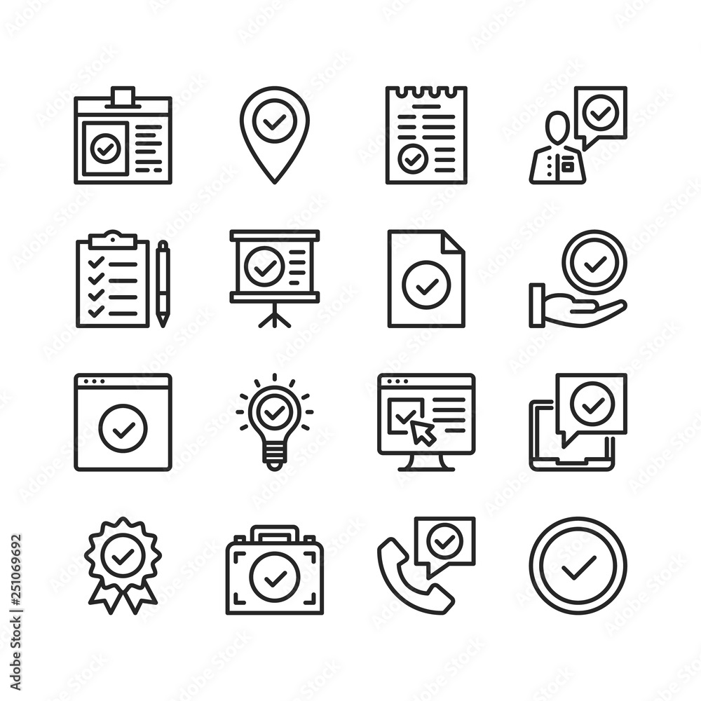 Poster check mark icons set. pixel perfect. thin line design. vector line icons set