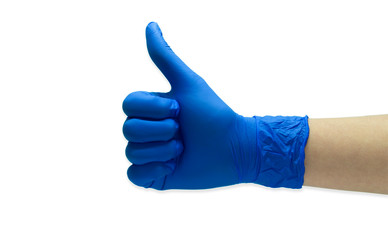 Ok sign made of blue medical gloves.