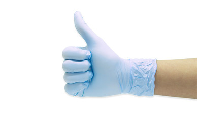 Ok sign made of blue medical gloves.