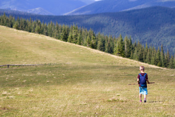 Fototapeta na wymiar Young happy child boy with backpack walking in mountain grassy valley on background of summer woody mountain. Active lifestyle, adventure and weekend activity concept.
