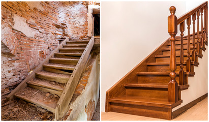 Comparison of modern brown wooden oak staircase with carved railing in new renovated apartment interior and old ladder stairs. Before renovation and after house reconstruction collage. © bilanol