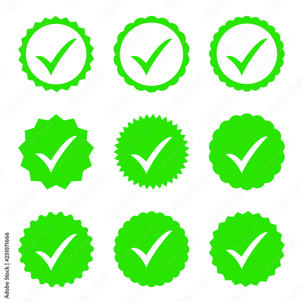 Poster approved icon. profile verification. accept badge. quality icon. check mark. sticker with tick.