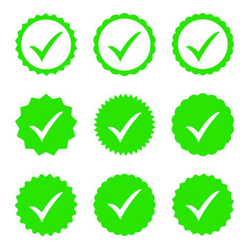 Approved icon. Profile Verification. Accept badge. Quality icon. Check mark. Sticker with tick.