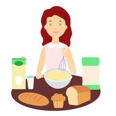 Chica cocinando, pan. Ilustración - Vector