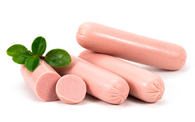 Boiled sausages with basil, isolated on white background.