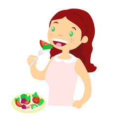 chica comiendo ensalada. ilustración -Vector