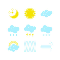 Small set of essential weather icons in vector to show the forecast and the current climate outside during the day and night time for applications, widgets, and other meteorological designs.