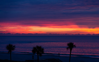 Fototapeta na wymiar A brilliant sunrise off the coast of Georgia with Palm Trees in Silhouette