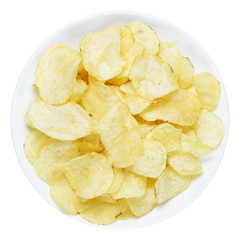 Potato chips in bowl isolated on white background